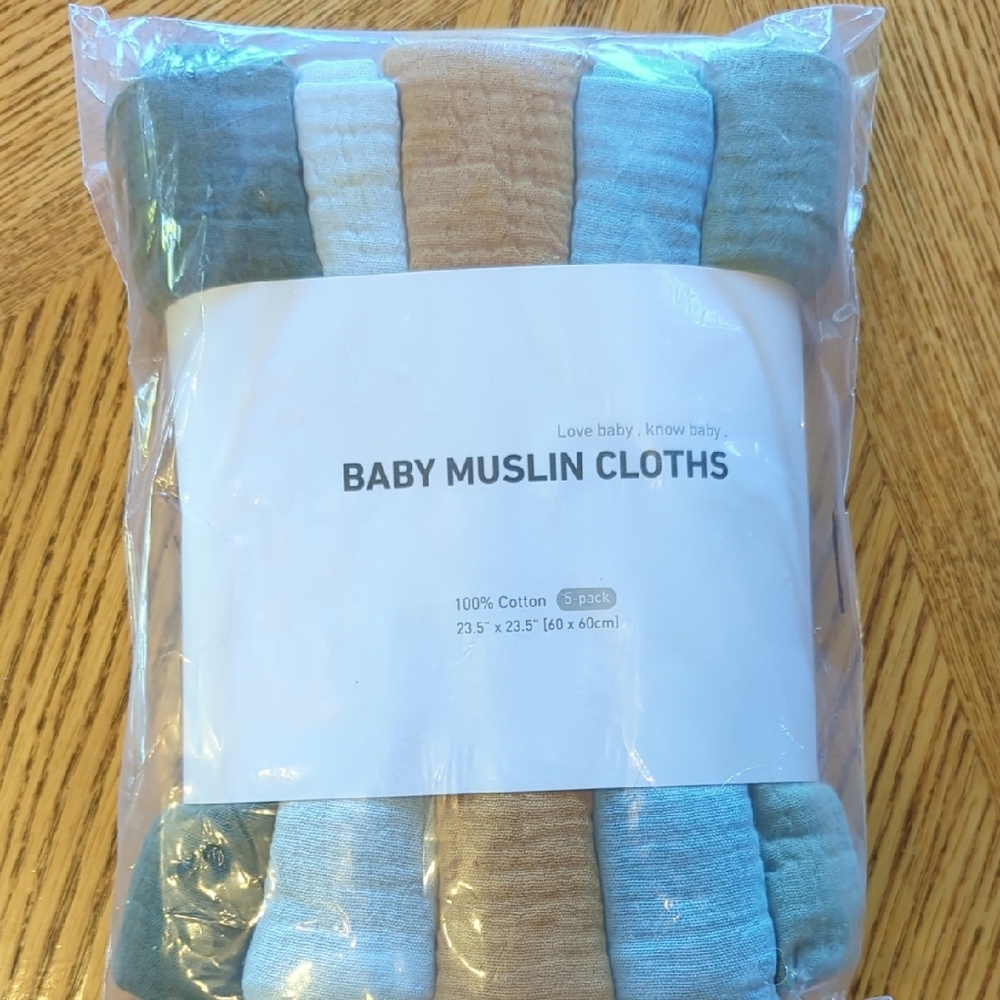 Set Of 5 100% Cotton Baby Muslin Cloths Set